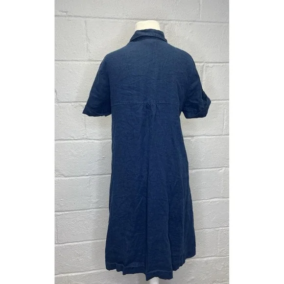 J Jill Love Linen Navy Shirt Dress Medium Mother of Pearl Button Front Collar - Picture 5 of 10